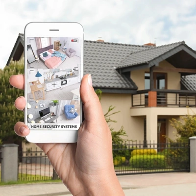 York vivint phone display of cctv live feed in front of a house